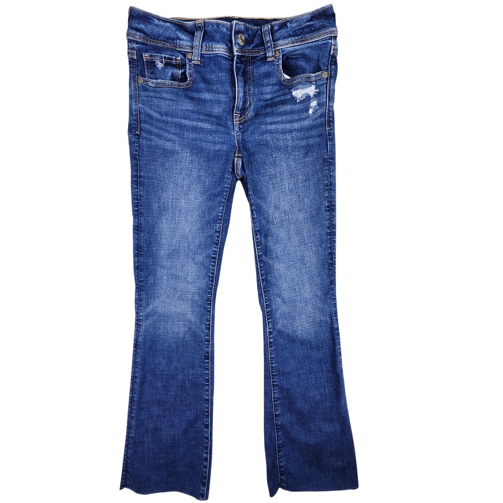 American Eagle Kick Boot Jeans Womens 2 Blue Distressed Raw Hem Stretch Denim